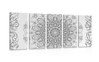 5-częściowy obraz abstrakcyjna kwiatowa Mandala w wersji czarno-białej - 100x50