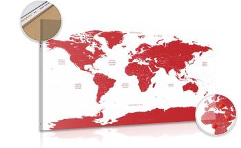 Obraz na korku mapa świata z zaznaczonymi na czerwono poszczególnymi krajami - 90x60  transparent