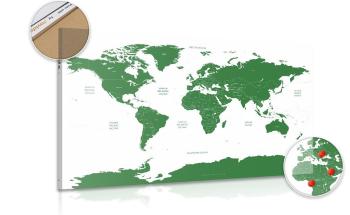 Obraz na korku mapa świata z zaznaczonymi na zielono poszczególnymi krajami - 90x60  color mix