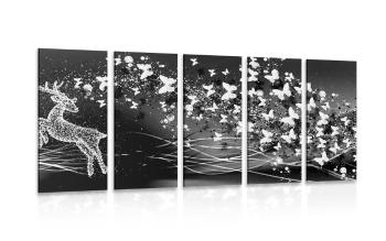5-częściowy obraz piękny jeleń z motylami w wersji czarno-białej - 100x50