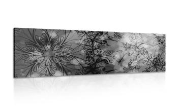Obraz kwiatowa Mandala w wersji czarno-białej - 150x50