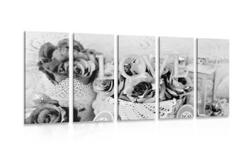 5-częściowy obraz romantyczna dekoracja w stylu vintage w wersji czarno-białej - 200x100