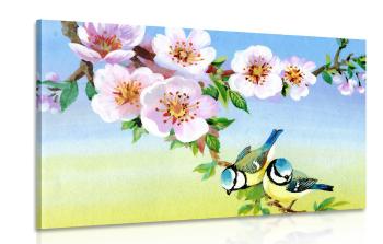 Obraz sikorki i kwitnące kwiaty - 120x80