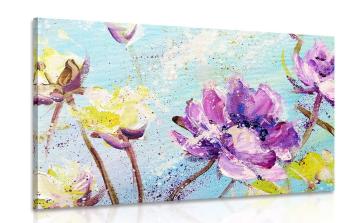 Obraz malowane fioletowe i żółte kwiaty - 90x60