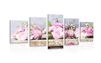 5-częściowy obraz kwiaty goździków w drewnianej doniczce - 100x50