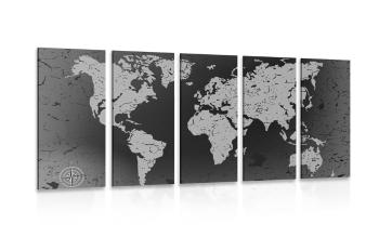 5-częściowy obraz stara mapa świata na abstrakcyjnym tle w wersji czarno-białej - 100x50