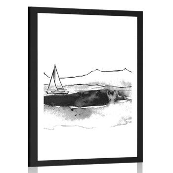 Plakat z passe-partout jacht na morzu w czerni i bieli - 60x90 silver