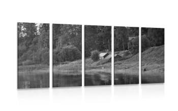 5-częściowy obraz bajkowe domki nad rzeką w wersji czarno-białej - 200x100
