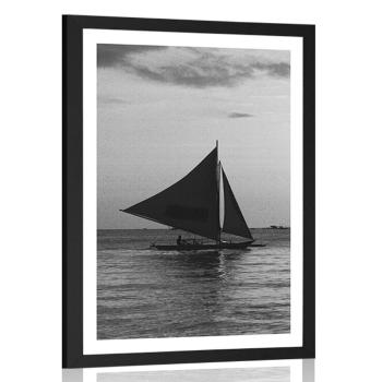 Plakat z passe-partout piękny zachód słońca nad morzem w czerni i bieli - 60x90 silver
