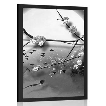 Plakat gałęzie drzew w pełni księżyca w czerni i bieli - 40x60 silver