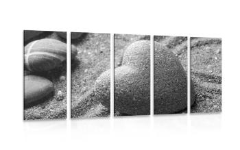 5-częściowy obraz kamień Zen w kształcie serca w wersji czarno-białej - 200x100