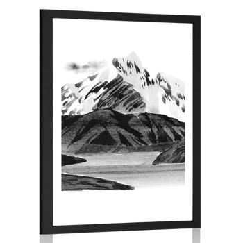 Plakat z passe-partout piękny górski krajobraz w czerni i bieli - 40x60 black