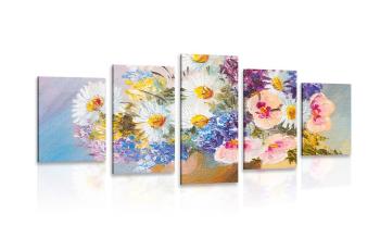5-częściowy obraz obraz olejny przedstawiający letnie kwiaty - 100x50