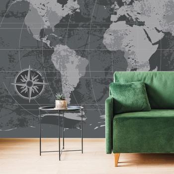 Samoprzylepna tapeta rustykalna mapa świata w czerni i bieli - 375x250