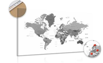Obraz na korku mapa świata w wersji czarno-białej - 90x60  transparent