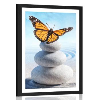 Plakat z passe-partout równowaga kamieni i motyli - 60x90 black