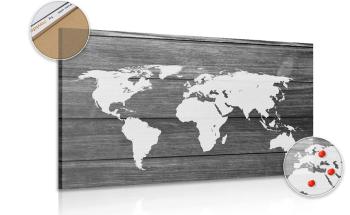 Obraz na korku czarno-biała mapa świata z drewnianym tłem - 90x60  peg