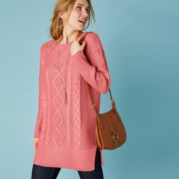 Sweter tunika z wzorem, długie rękawy - koralowy - Rozmiar 34/36