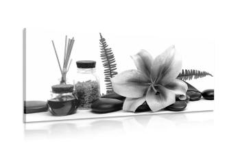 Obraz martwa natura z lilią i wellness w wersji czarno-białej - 120x60