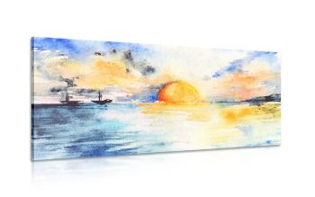 Obraz akwarela morze i zachodzące słońce - 120x60