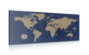 Obraz mapa świata z kompasem w stylu retro na niebieskim tle - 120x60