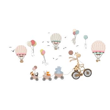 Naklejka ścienna dla dzieci Ambiance Zwierzęta i balony na gorące powietrze w chmurach, 90 x 60 cm