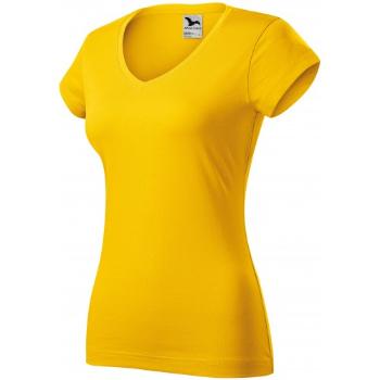 T-shirt damski slim fit z dekoltem w szpic, żółty, L