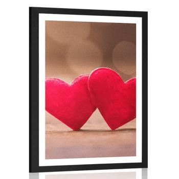 Plakat z passe-partout czerwone serca na drewnianej teksturze - 60x90 silver