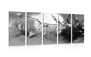 5-częściowy obraz konary drzew przy pełni księżyca w wersji czarno-białej - 200x100