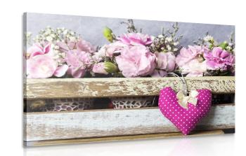 Obraz kwiaty goździka w drewnianej skrzynce - 90x60