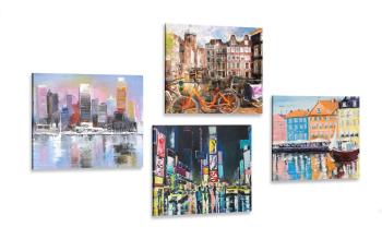 Zestaw obrazów miasta z imitacją malarstwa olejnego - 4x 60x60
