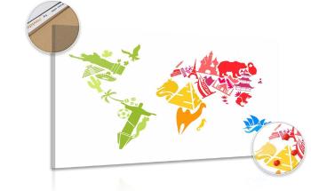Obraz mapa świata z symbolami poszczególnych kontynentów na korku - 90x60  color mix