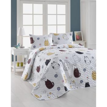 Zestaw pikowanej narzuty na łóżko i 2 poszewek na poduszki Eponj Home Hello Cats White, 200x220 cm