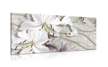 Obraz biała lilia z perłami - 100x50
