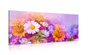 Obraz olejny przedstawiający kolorowe kwiaty - 120x60