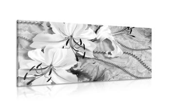 Obraz czarno-biała lilia z perłami