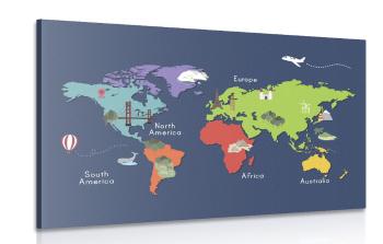 Obraz mapa świata z punktami orientacyjnymi - 90x60