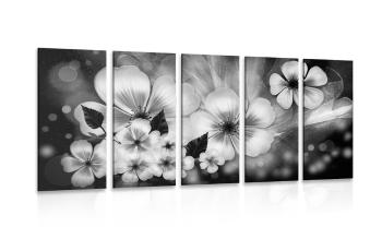5-częściowy obraz fantazja na temat kwiatów w wersji czarno-białej - 100x50