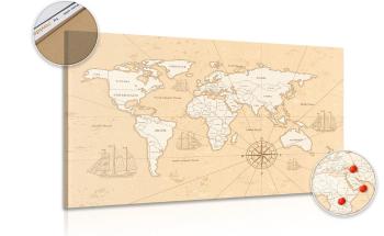 Obraz na korku ciekawa beżowa mapa świata - 90x60  arrow