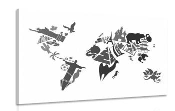 Obraz mapa świata z symbolami poszczególnych kontynentów w wersji czarno-białej