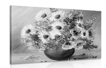 Obraz olejny przedstawiający letnie kwiaty w wersji czarno-białej