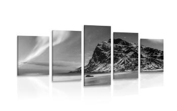 5-częściowy obraz zorza polarna w Norwegii w wersji czarno-białej - 100x50