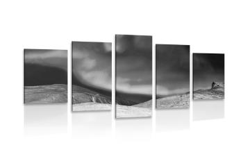 5-częściowy obraz zorza polatna na niebie w wersji czarno-białej - 100x50