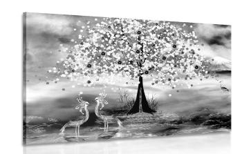 Obraz czaple pod magicznym drzewem w wersji czarno-białej