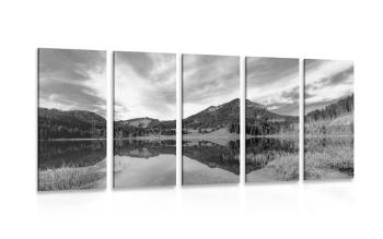 5-częściowy obraz jezioro pod wzgórzami w wersji czarno-białej - 100x50