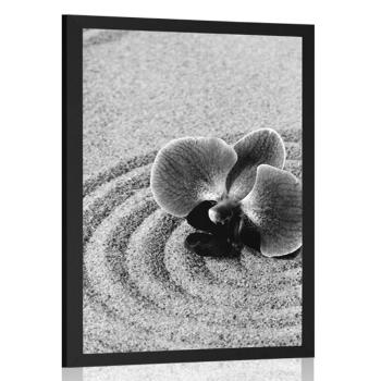 Plakat piaszczysty ogród zen ze storczykiem czarno-biały