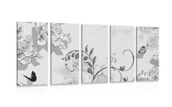 5-częściowy obraz czarno-biała martwa natura z motylem - 100x50
