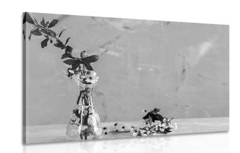 Obraz gałązka wiśni w wazonie w wersji czarno-białej