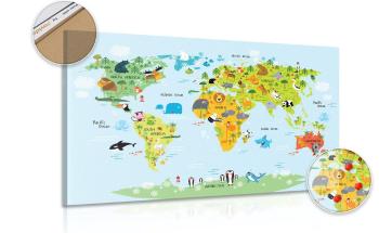 Obraz na korku dziecięca mapa świata ze zwierzętami - 90x60  smiley