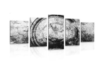 5-częściowy obraz antyczny zegar w czarnobiałym kolorze - 100x50
